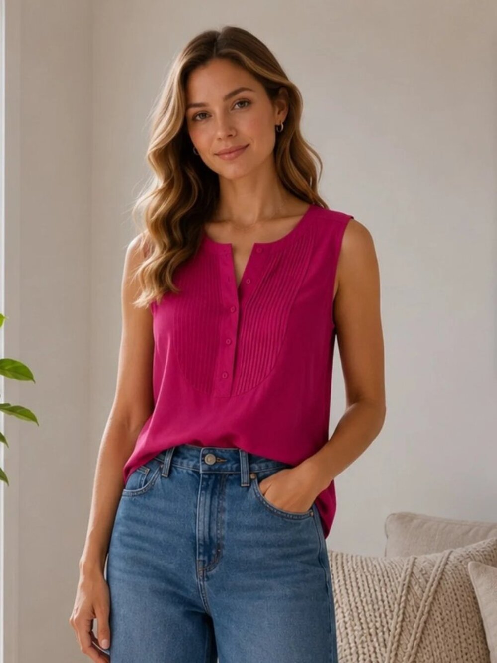 NWT J. CREW Magenta Fuchsia Sleeveless Pleated Front Partial Button Blouse – M